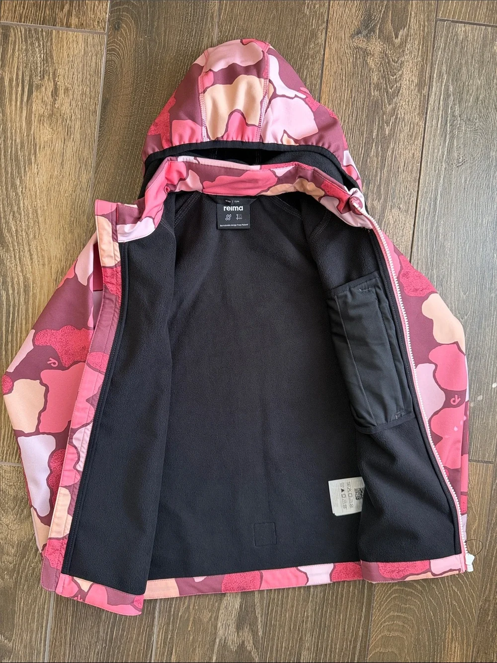 Reima Girls' Pink Sunset Camo Vantti Soft Shell Fleece-Lined Waterproof Jacket—9